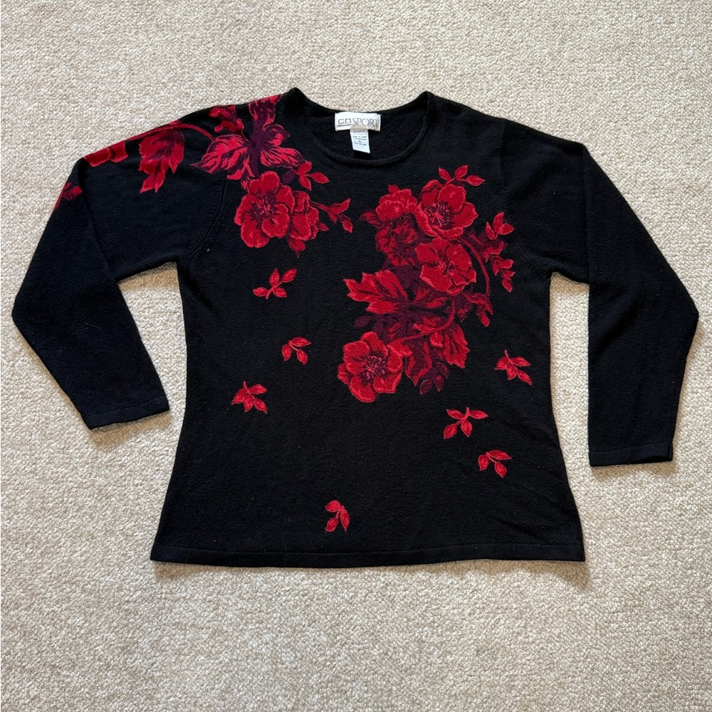 Coldwater Creek Black Top with Red Floral Design